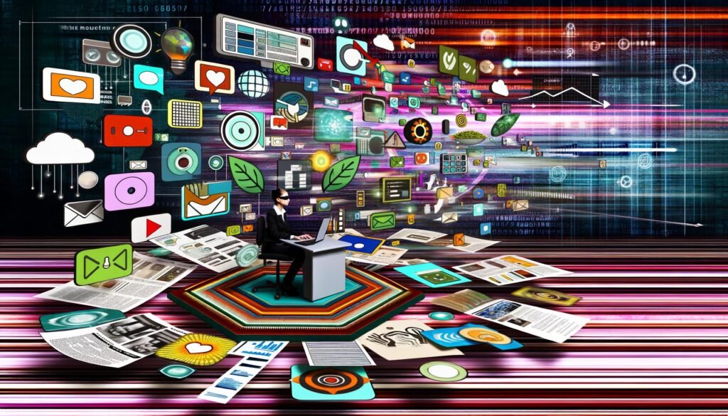 Digitale Collage mit einem Content Manager, umgeben von bunten Snackable Content-Formaten, Social-Media-Symbolen und Infografiken, die die Schnelllebigkeit aktueller Medien zeigen.