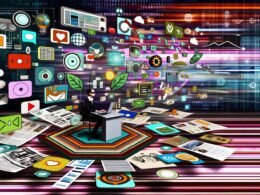 Digitale Collage mit einem Content Manager, umgeben von bunten Snackable Content-Formaten, Social-Media-Symbolen und Infografiken, die die Schnelllebigkeit aktueller Medien zeigen.