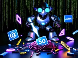 Futuristischer Cyberpunk-Roboter mit SEO-Brille analysiert leuchtendes GraphCMS-Logo und CMS-Symbole, umgeben von Meta-Tags und zerschlagenen WordPress-Schildern.