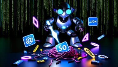 Futuristischer Cyberpunk-Roboter mit SEO-Brille analysiert leuchtendes GraphCMS-Logo und CMS-Symbole, umgeben von Meta-Tags und zerschlagenen WordPress-Schildern.