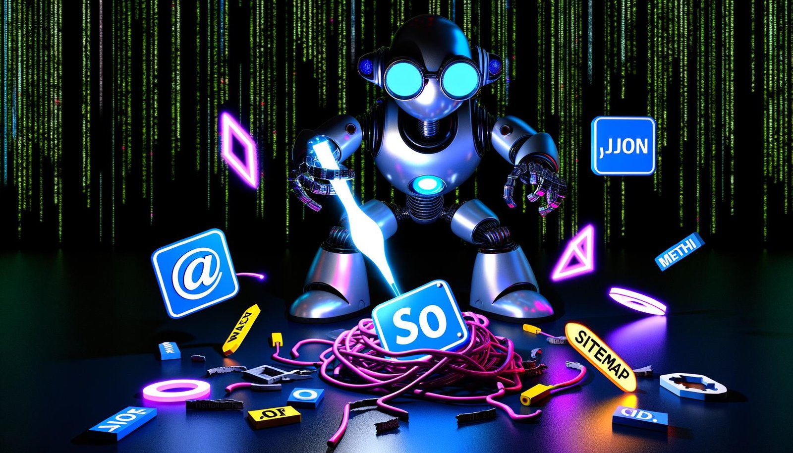 Futuristischer Cyberpunk-Roboter mit SEO-Brille analysiert leuchtendes GraphCMS-Logo und CMS-Symbole, umgeben von Meta-Tags und zerschlagenen WordPress-Schildern.