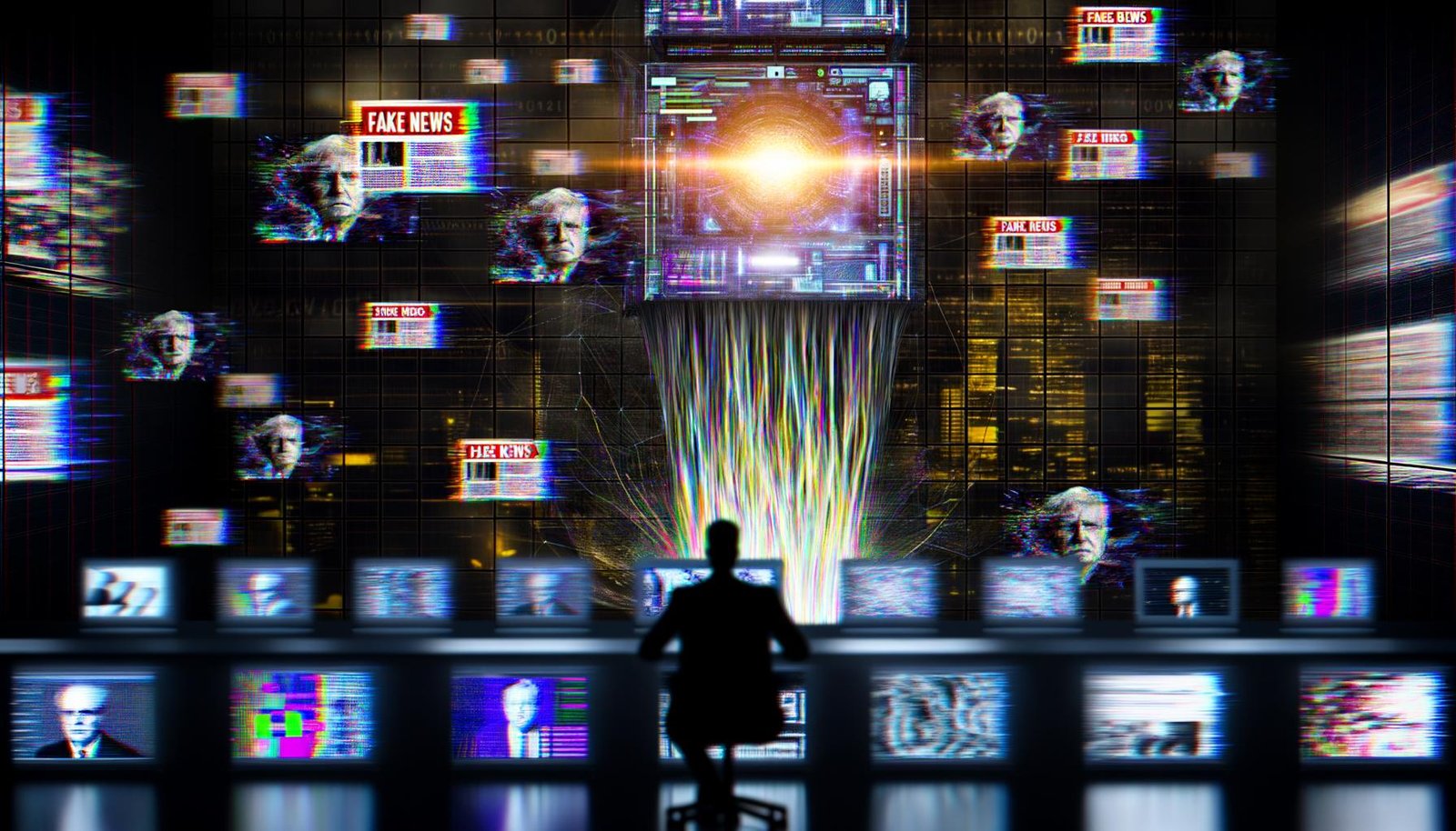 Dunkles futuristisches Nachrichtenstudio mit künstlicher Intelligenz, manipulativen Schlagzeilen auf Bildschirmen und glitchhaften Porträts von Politikern im Hintergrund