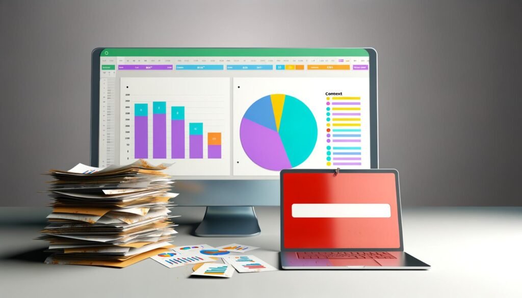 Dashboard mit farbenfrohen Infografiken zu Reichweite, Engagement und Conversion auf einem aufgeräumten Schreibtisch neben alten, verstaubten Excel-Ausdrucken und einem alten Laptop mit Verbotsschild.