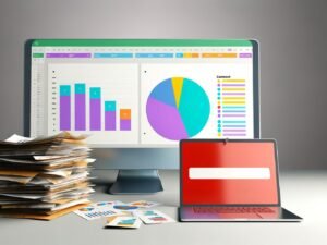 Dashboard mit farbenfrohen Infografiken zu Reichweite, Engagement und Conversion auf einem aufgeräumten Schreibtisch neben alten, verstaubten Excel-Ausdrucken und einem alten Laptop mit Verbotsschild.