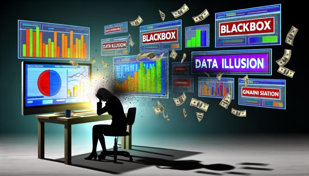 Dynamische Illustration eines erschöpften Marketing-Managers vor Monitoren mit unübersichtlichen Dashboards, deutlichen Begriffe wie ‚Blackbox‘ und einem Lichtstrahl auf strukturierte Datenanalyse, umgeben von Schatten bekannter Marketing-Plattformen.