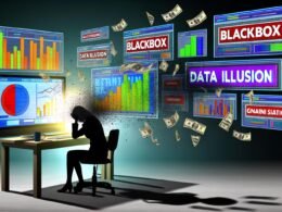 Dynamische Illustration eines erschöpften Marketing-Managers vor Monitoren mit unübersichtlichen Dashboards, deutlichen Begriffe wie ‚Blackbox‘ und einem Lichtstrahl auf strukturierte Datenanalyse, umgeben von Schatten bekannter Marketing-Plattformen.
