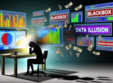 Dynamische Illustration eines erschöpften Marketing-Managers vor Monitoren mit unübersichtlichen Dashboards, deutlichen Begriffe wie ‚Blackbox‘ und einem Lichtstrahl auf strukturierte Datenanalyse, umgeben von Schatten bekannter Marketing-Plattformen.
