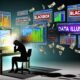 Dynamische Illustration eines erschöpften Marketing-Managers vor Monitoren mit unübersichtlichen Dashboards, deutlichen Begriffe wie ‚Blackbox‘ und einem Lichtstrahl auf strukturierte Datenanalyse, umgeben von Schatten bekannter Marketing-Plattformen.