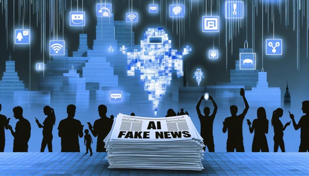 Digitale Collage mit Zeitungsstapel, Social Media Icons, KI-Gesichtern, Deepfake-Elementen, Detektionstools und Schutzmaßnahmen gegen KI-Fake-News, illustriert von Tobias Hager für 404 Magazine