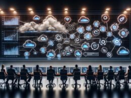Futuristisches Marketing-Kontrollzentrum mit Marketers vor farbenreichen, transparenten Dashboards, KPI-Datenströmen und Tracking-Technologien für Kampagnen-Insights.