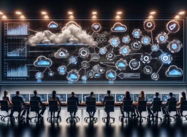 Futuristisches Marketing-Kontrollzentrum mit Marketers vor farbenreichen, transparenten Dashboards, KPI-Datenströmen und Tracking-Technologien für Kampagnen-Insights.
