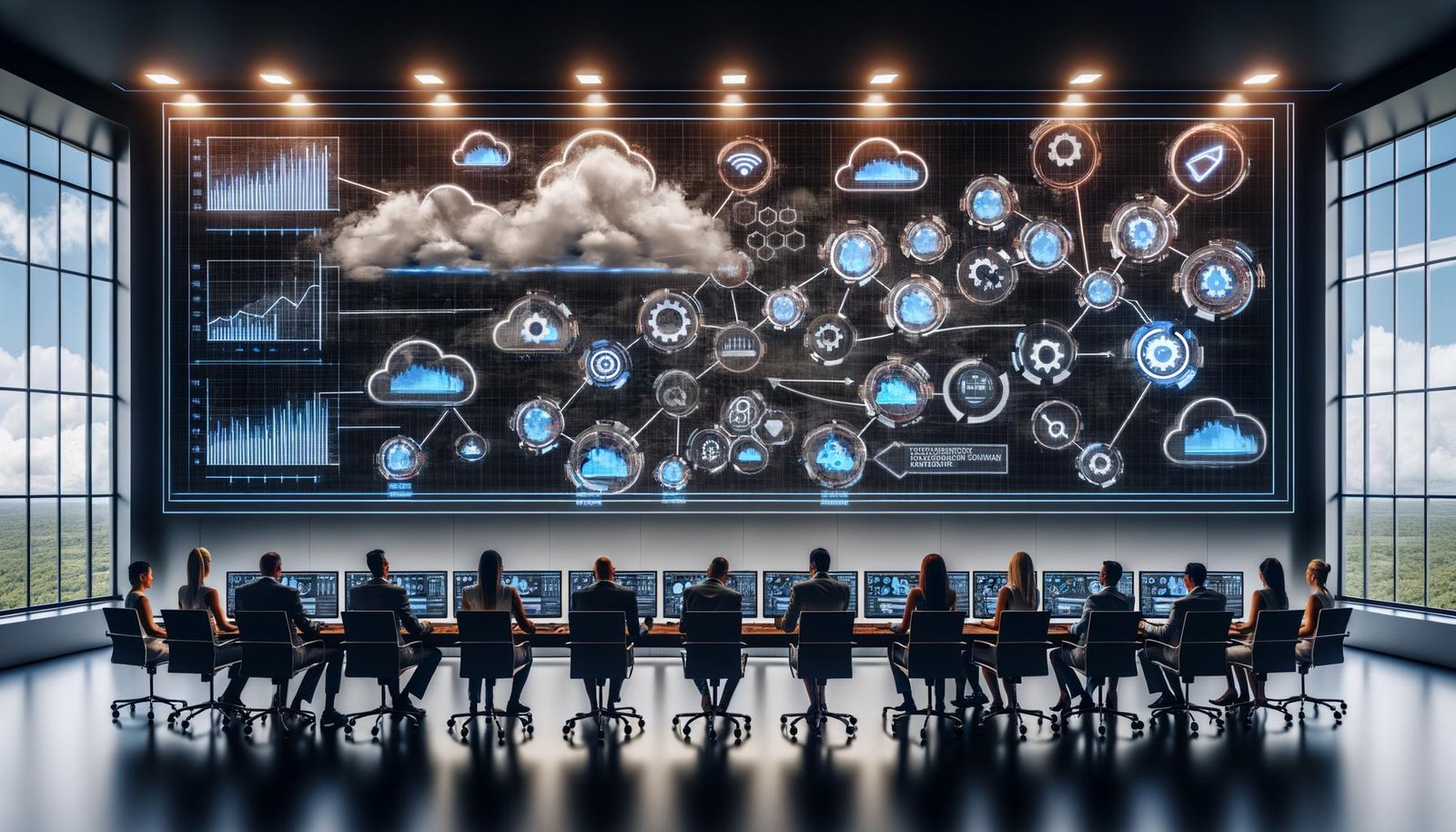Futuristisches Marketing-Kontrollzentrum mit Marketers vor farbenreichen, transparenten Dashboards, KPI-Datenströmen und Tracking-Technologien für Kampagnen-Insights.