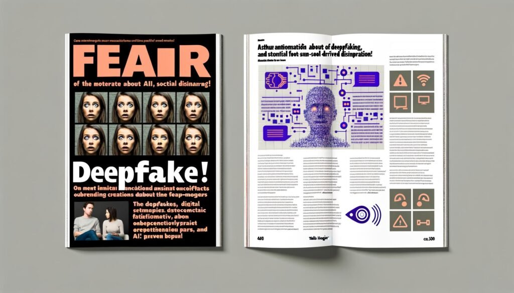 Magazin-Doppelseite mit alarmierenden Deepfake-Schlagzeilen links und nüchternen Faktenboxen zu KI-Desinformation rechts, Menschen blicken zweifelnd auf Bildschirme, digitale Deepfake-Gesichter und Social Media-Symbole im Hintergrund.