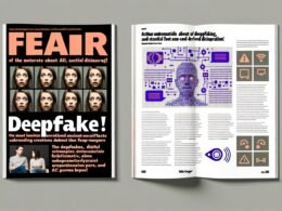 Magazin-Doppelseite mit alarmierenden Deepfake-Schlagzeilen links und nüchternen Faktenboxen zu KI-Desinformation rechts, Menschen blicken zweifelnd auf Bildschirme, digitale Deepfake-Gesichter und Social Media-Symbole im Hintergrund.