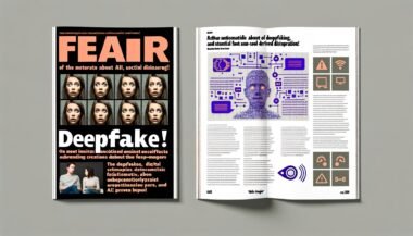 Magazin-Doppelseite mit alarmierenden Deepfake-Schlagzeilen links und nüchternen Faktenboxen zu KI-Desinformation rechts, Menschen blicken zweifelnd auf Bildschirme, digitale Deepfake-Gesichter und Social Media-Symbole im Hintergrund.
