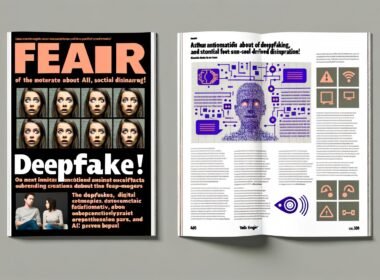 Magazin-Doppelseite mit alarmierenden Deepfake-Schlagzeilen links und nüchternen Faktenboxen zu KI-Desinformation rechts, Menschen blicken zweifelnd auf Bildschirme, digitale Deepfake-Gesichter und Social Media-Symbole im Hintergrund.