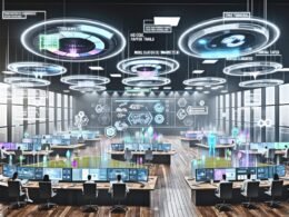 Modernes Open Space Büro mit Marketing-Analysten, die vor mehreren Screens mit Echtzeit-Daten und holografischen Diagrammen arbeiten.