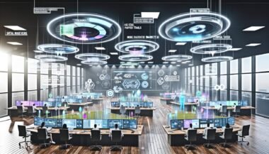 Modernes Open Space Büro mit Marketing-Analysten, die vor mehreren Screens mit Echtzeit-Daten und holografischen Diagrammen arbeiten.