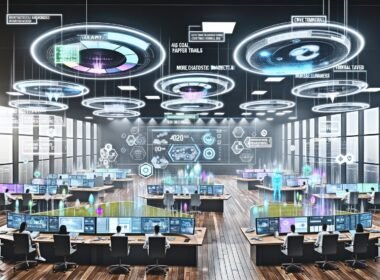 Modernes Open Space Büro mit Marketing-Analysten, die vor mehreren Screens mit Echtzeit-Daten und holografischen Diagrammen arbeiten.