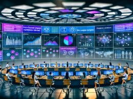 Marketer in einem hochmodernen Kontrollraum analysieren integrierte Marketingdaten mit Echtzeit-Dashboards, Grafiken und KI-Anwendungen.