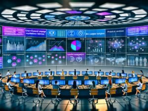 Marketer in einem hochmodernen Kontrollraum analysieren integrierte Marketingdaten mit Echtzeit-Dashboards, Grafiken und KI-Anwendungen.
