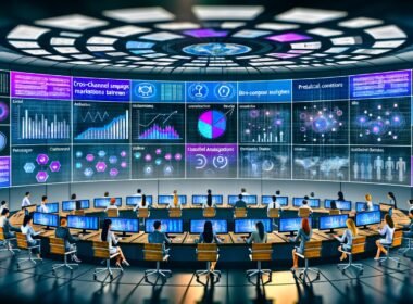 Marketer in einem hochmodernen Kontrollraum analysieren integrierte Marketingdaten mit Echtzeit-Dashboards, Grafiken und KI-Anwendungen.