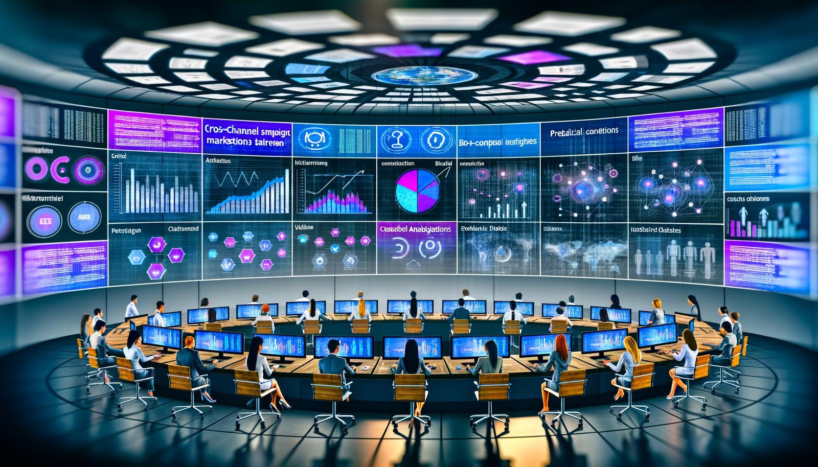 Marketer in einem hochmodernen Kontrollraum analysieren integrierte Marketingdaten mit Echtzeit-Dashboards, Grafiken und KI-Anwendungen.