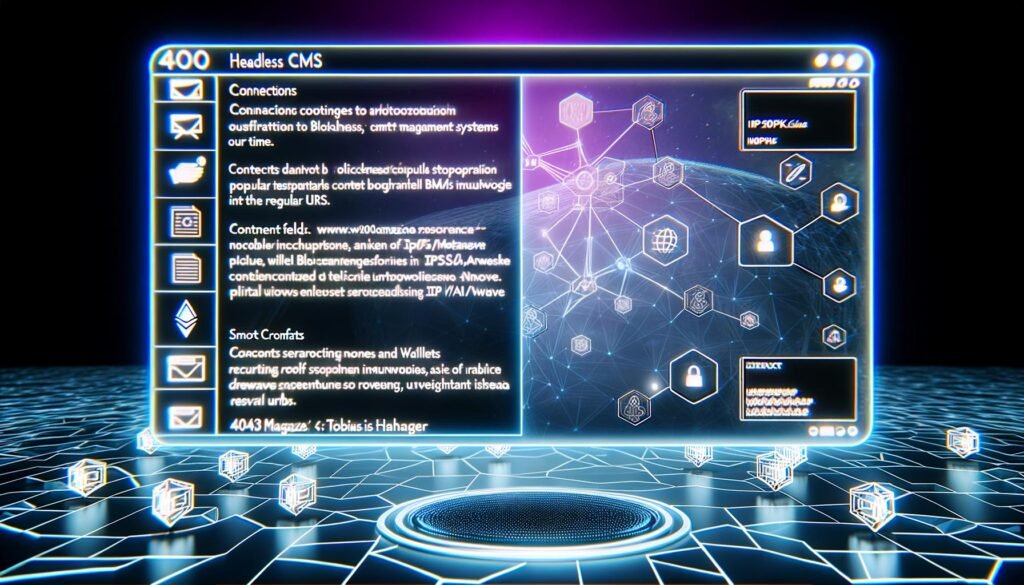 Holografisches Headless CMS Dashboard mit Web3, Blockchain Wallet-Anbindung, IPFS/Arweave Unterstützung und dezentralem Netzwerkdiagramm auf futuristischem Touchscreen.