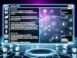 Holografisches Headless CMS Dashboard mit Web3, Blockchain Wallet-Anbindung, IPFS/Arweave Unterstützung und dezentralem Netzwerkdiagramm auf futuristischem Touchscreen.
