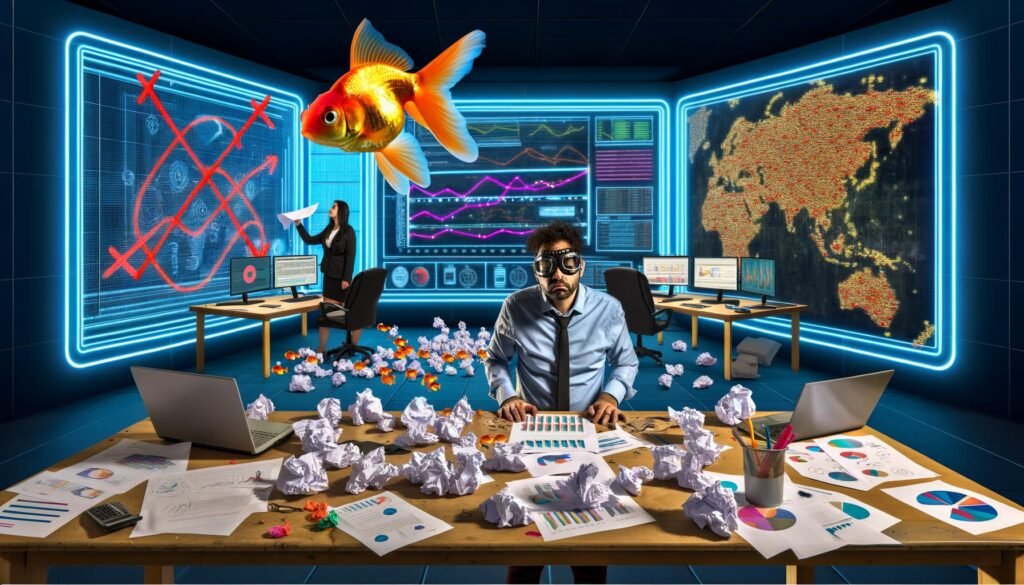 Editorial Illustration eines frustrierten Marketers an einem unordentlichen Arbeitsplatz mit Datenvisualisierungen, Kontrollzentrum im Hintergrund und Goldfisch mit Fliegerbrille.