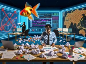 Editorial Illustration eines frustrierten Marketers an einem unordentlichen Arbeitsplatz mit Datenvisualisierungen, Kontrollzentrum im Hintergrund und Goldfisch mit Fliegerbrille.