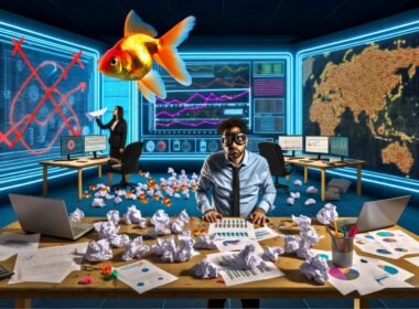 Editorial Illustration eines frustrierten Marketers an einem unordentlichen Arbeitsplatz mit Datenvisualisierungen, Kontrollzentrum im Hintergrund und Goldfisch mit Fliegerbrille.