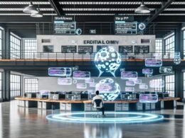 Offenes Industrial-Loft-Büro mit Hologramm-Bildschirmen, KI-Workflows, Headless CMS, API-Diagrammen und einem Entwickler am Terminal.