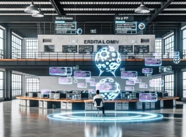 Offenes Industrial-Loft-Büro mit Hologramm-Bildschirmen, KI-Workflows, Headless CMS, API-Diagrammen und einem Entwickler am Terminal.