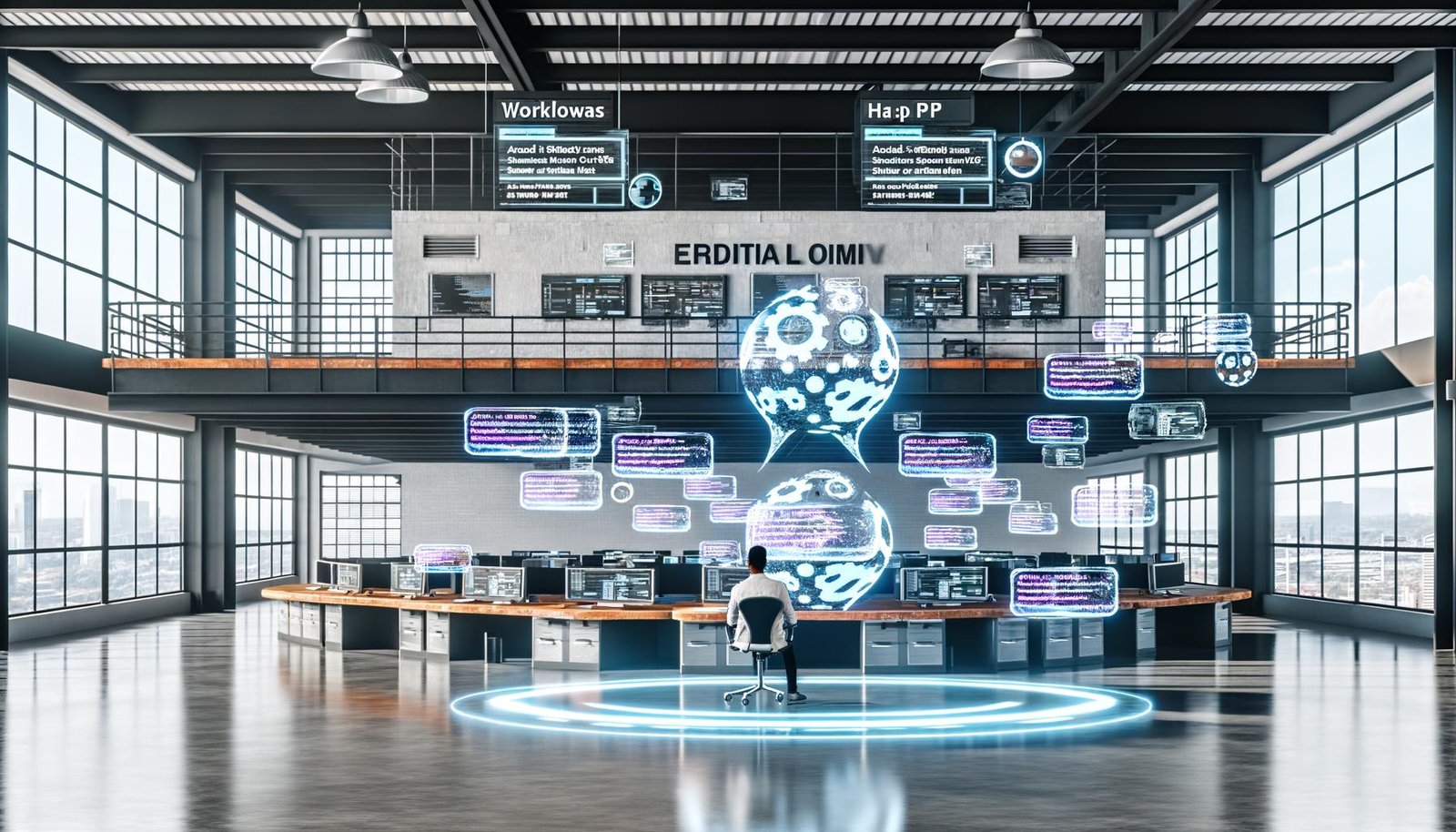 Offenes Industrial-Loft-Büro mit Hologramm-Bildschirmen, KI-Workflows, Headless CMS, API-Diagrammen und einem Entwickler am Terminal.