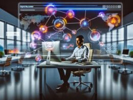 Digital-Marketer an großem, ultrabreitem Bildschirm mit lebhaften, aufgeräumten Marketing-Dashboards und vernetzten Symbolen für Google Analytics, CRM und Tag-Management in moderner, hochwertiger Umgebung.