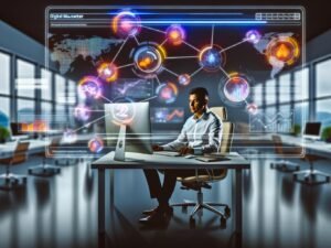 Digital-Marketer an großem, ultrabreitem Bildschirm mit lebhaften, aufgeräumten Marketing-Dashboards und vernetzten Symbolen für Google Analytics, CRM und Tag-Management in moderner, hochwertiger Umgebung.