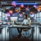 Digital-Marketer an großem, ultrabreitem Bildschirm mit lebhaften, aufgeräumten Marketing-Dashboards und vernetzten Symbolen für Google Analytics, CRM und Tag-Management in moderner, hochwertiger Umgebung.