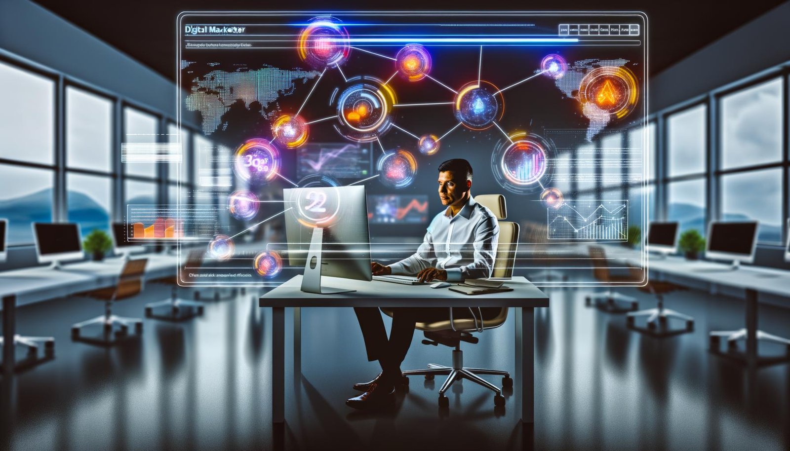 Digital-Marketer an großem, ultrabreitem Bildschirm mit lebhaften, aufgeräumten Marketing-Dashboards und vernetzten Symbolen für Google Analytics, CRM und Tag-Management in moderner, hochwertiger Umgebung.