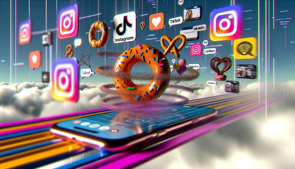 Modernes Editorial-Visual mit digitalem Snack über Social-Media-Icons, umrahmt von Smartphones mit Videos und GIFs, Datenmatrix im Hintergrund.