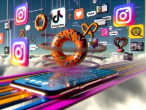 Modernes Editorial-Visual mit digitalem Snack über Social-Media-Icons, umrahmt von Smartphones mit Videos und GIFs, Datenmatrix im Hintergrund.