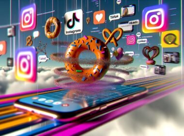 Modernes Editorial-Visual mit digitalem Snack über Social-Media-Icons, umrahmt von Smartphones mit Videos und GIFs, Datenmatrix im Hintergrund.