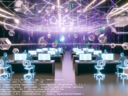 Mehrere Publisher arbeiten in einer futuristischen, holographischen Redaktionsumgebung mit schwebenden Codezeilen und transparenten Blockchain-Knoten.