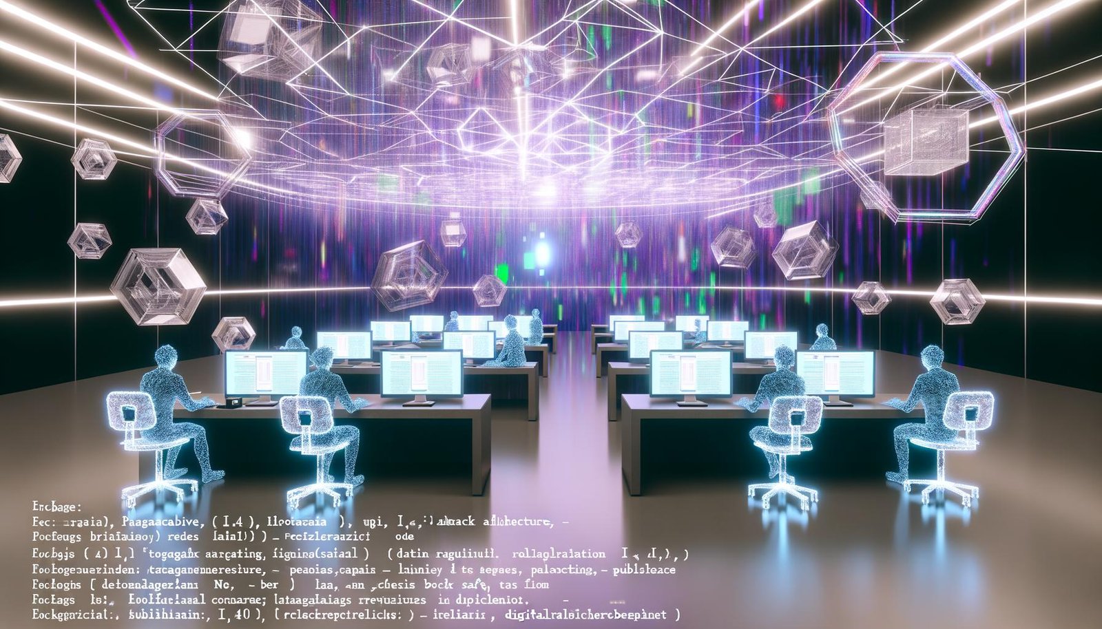 Mehrere Publisher arbeiten in einer futuristischen, holographischen Redaktionsumgebung mit schwebenden Codezeilen und transparenten Blockchain-Knoten.