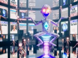 Surrealer Newsroom mit Zeitungsseiten zu KI-Fake-News, lachenden humanoiden Avataren mit leuchtenden Augen und Deepfake-Politikern vor digitalem Stadtpanorama. Eine reflektierende Figur balanciert zwischen Datenströmen und Fakten.