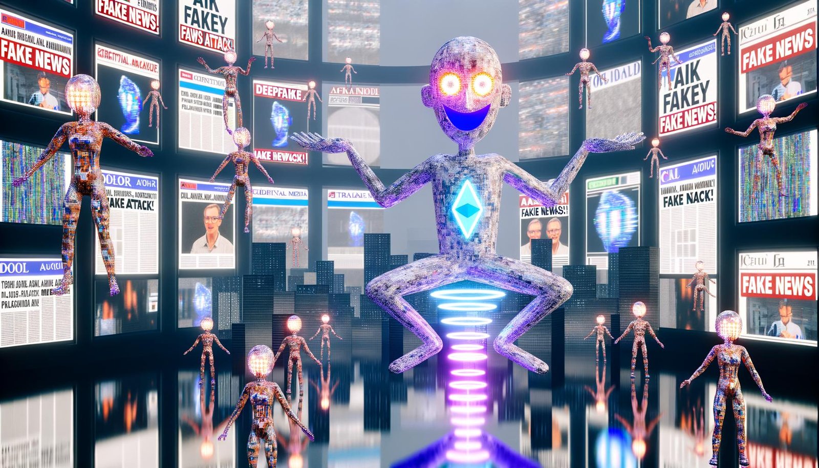 Surrealer Newsroom mit Zeitungsseiten zu KI-Fake-News, lachenden humanoiden Avataren mit leuchtenden Augen und Deepfake-Politikern vor digitalem Stadtpanorama. Eine reflektierende Figur balanciert zwischen Datenströmen und Fakten.