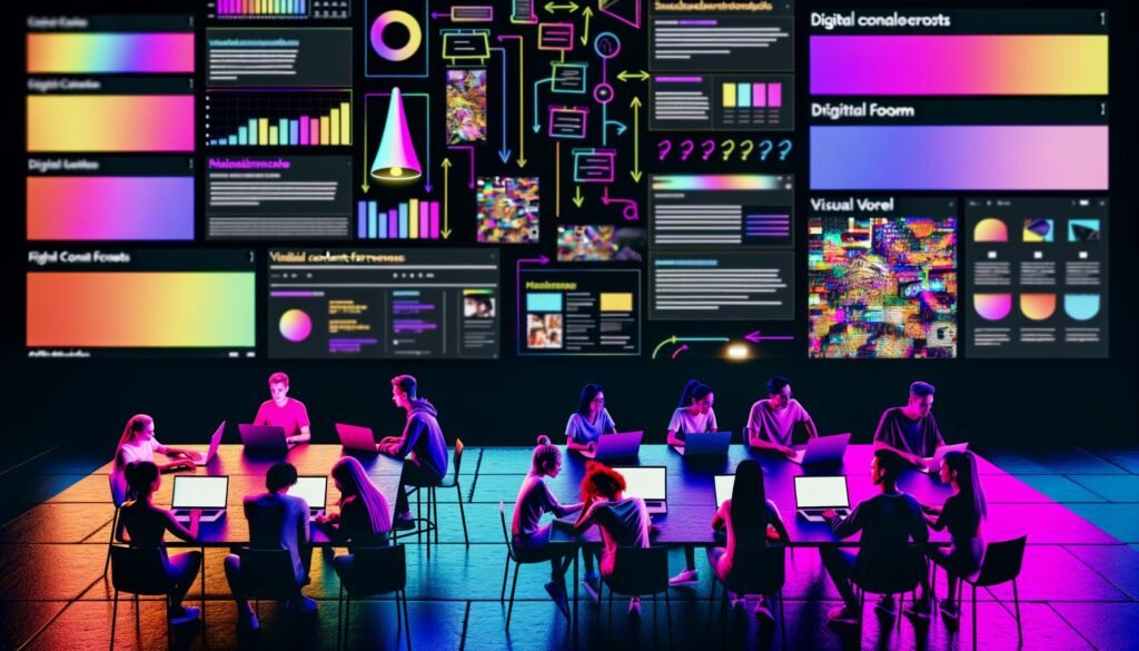 Digitale Redaktion mit jungen Kreativen an Laptops, großen Bildschirmen mit Social Media Content, Notizen und Smartphones vor neonfarbenem, dunklem Hintergrund.