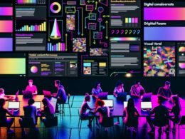 Digitale Redaktion mit jungen Kreativen an Laptops, großen Bildschirmen mit Social Media Content, Notizen und Smartphones vor neonfarbenem, dunklem Hintergrund.