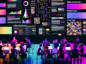 Digitale Redaktion mit jungen Kreativen an Laptops, großen Bildschirmen mit Social Media Content, Notizen und Smartphones vor neonfarbenem, dunklem Hintergrund.