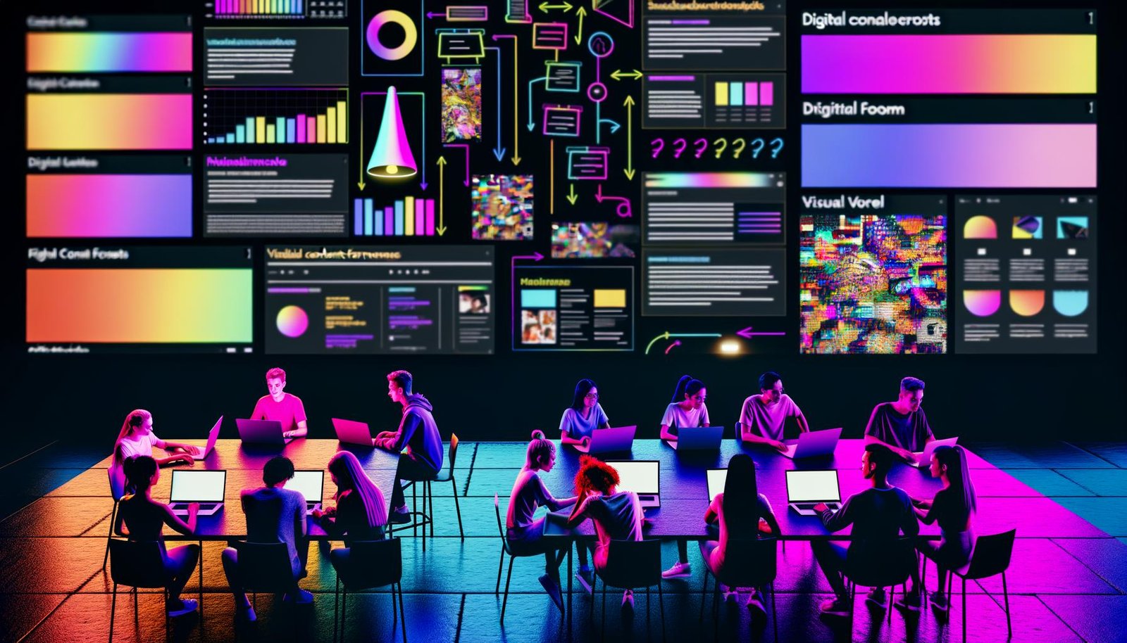 Digitale Redaktion mit jungen Kreativen an Laptops, großen Bildschirmen mit Social Media Content, Notizen und Smartphones vor neonfarbenem, dunklem Hintergrund.